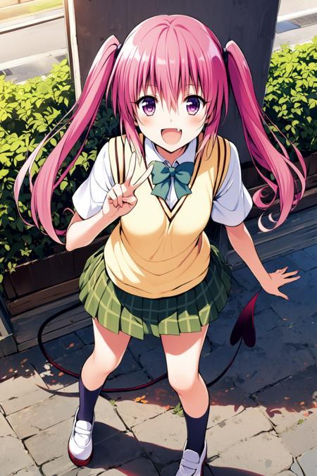 31597-1543195764-1girl,nana asta deviluke,pink hair,tail,solo,twintails,school uniform,smile,skirt,open mouth,fang,demon tail,socks,shoes,v,pink.png